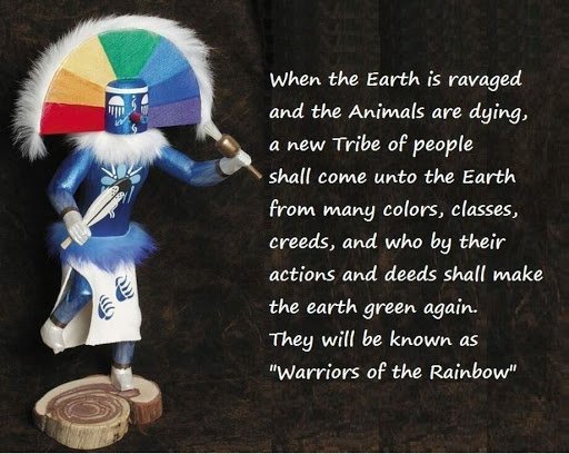 Kachina figure with a rainbow headdress beside the Warriors of the Rainbow prophecy